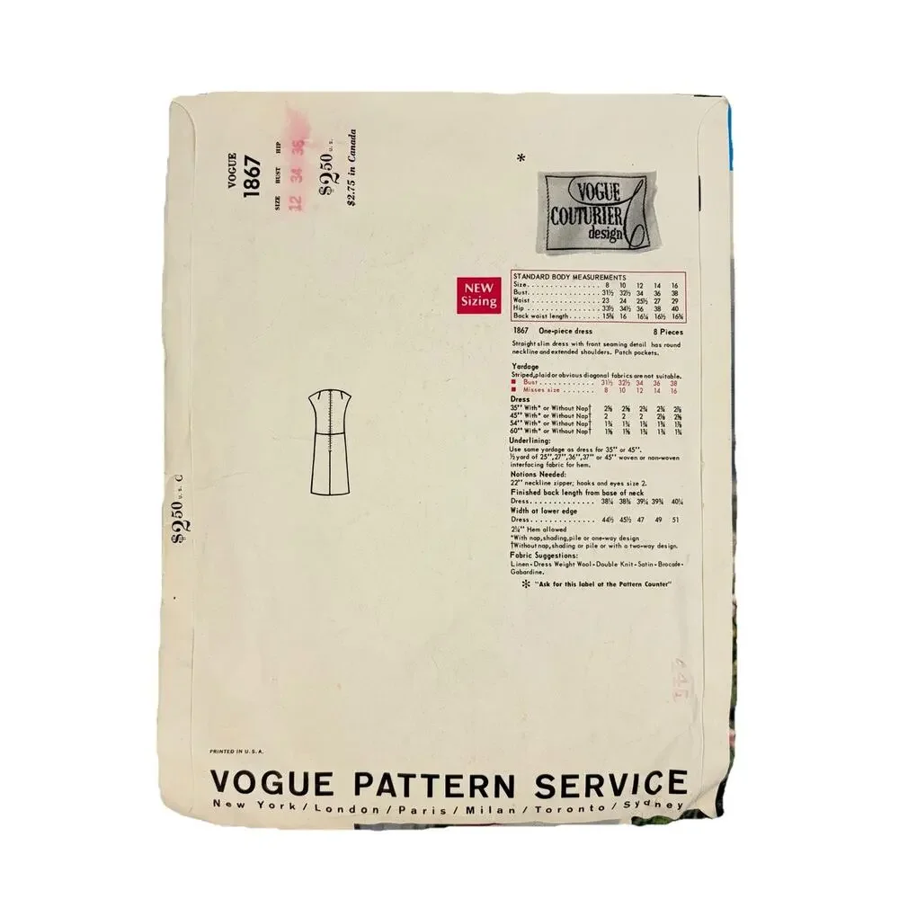 Vogue Couturier Design 1867 FEDERICO FORQUET Mod Sheath Dress Pattern Size 12